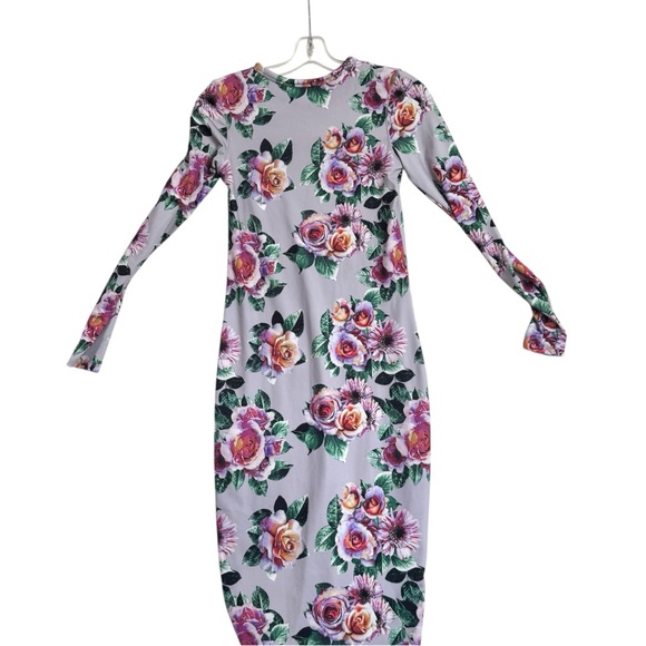 Zara NEW Floral Stretch Pencil Bodycon Fitted Midi Dress Boho Crew Long Sleeve M - Picture 3 of 16